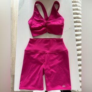 Alo Pink Ruched Bra and Bike Shorts Set